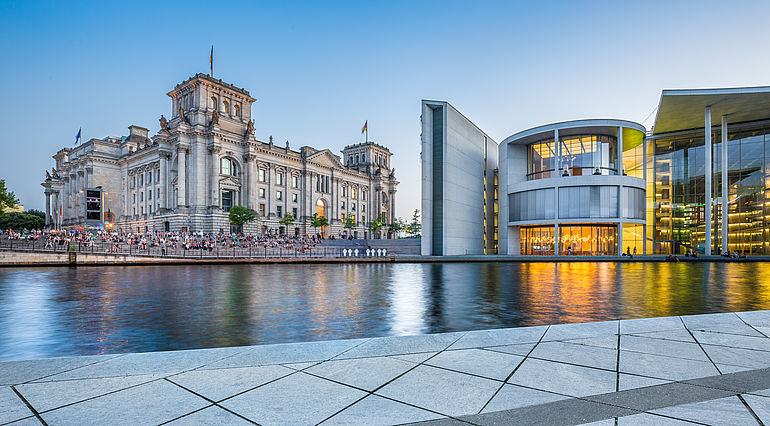 Berlin government district with Reichstag and Paul Lbe Haus at dusk, Germany