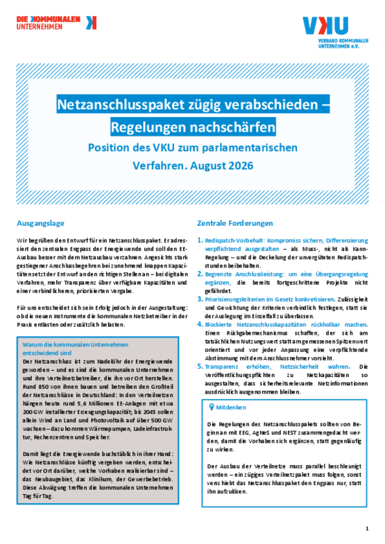 Deckblatt der Publikation VKU-Positionspapier zum parlamentarischen Verfahren im August 2026 zum Netzanschlusspaket