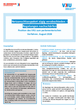 Deckblatt der Publikation VKU-Positionspapier zum parlamentarischen Verfahren im August 2026 zum Netzanschlusspaket