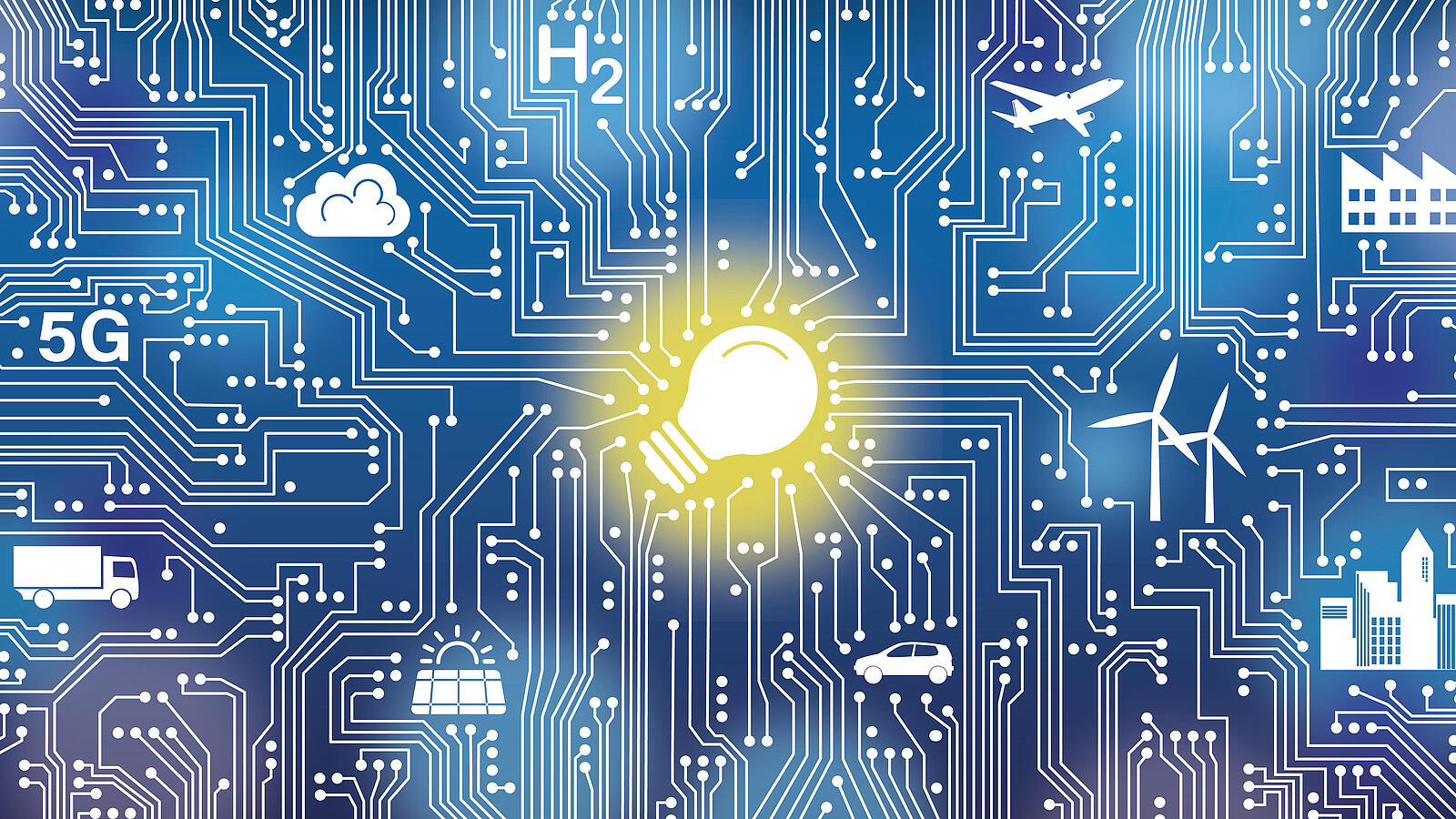 Leuchtende Glühbirne inmitten von Leiterbahnen mit Symbolen für 5G, Wasserstoff, Windkraft und Industrie.