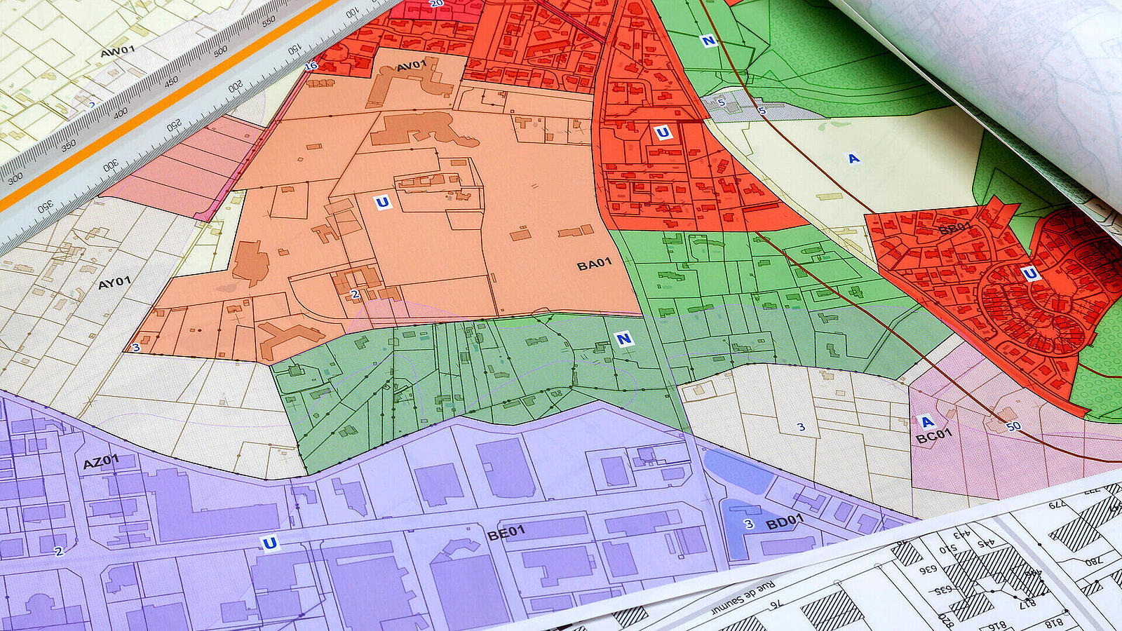 Detailaufnahme von Stadtplänen, die verschiedene farbcodierte Zonen zeigen. Die Karten sind auf einem Tisch ausgebreitet und enthalten durchsichtige Überlagerungen und farbige Markierungen.