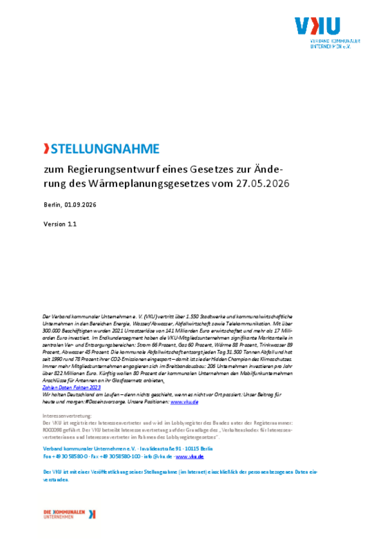 Deckblatt der Publikation VKU-Stellungnahme zum Regierungsentwurf eines Gesetzes zur Änderung des Wärmeplanungsgesetzes vom 27.05.2026