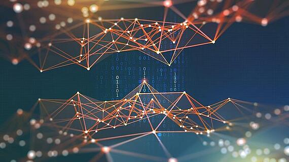 Abstrakte Visualisierung von Netzwerken und Datenfluss; rote und orangefarbene Linien und Knotenpunkte sind miteinander verbunden, im Hintergrund sind binäre Zahlen (0 und 1) sichtbar.