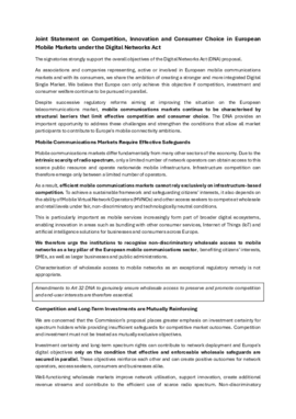 Deckblatt der Publikation Gemeinsames Statement zum Digital Networks Act: Mobilfunkdiensteanbieter, Glasfasernetzbetreiber und Stadtwerke fordern EU-weites Recht auf Mobilfunk-Vorleistungszugang