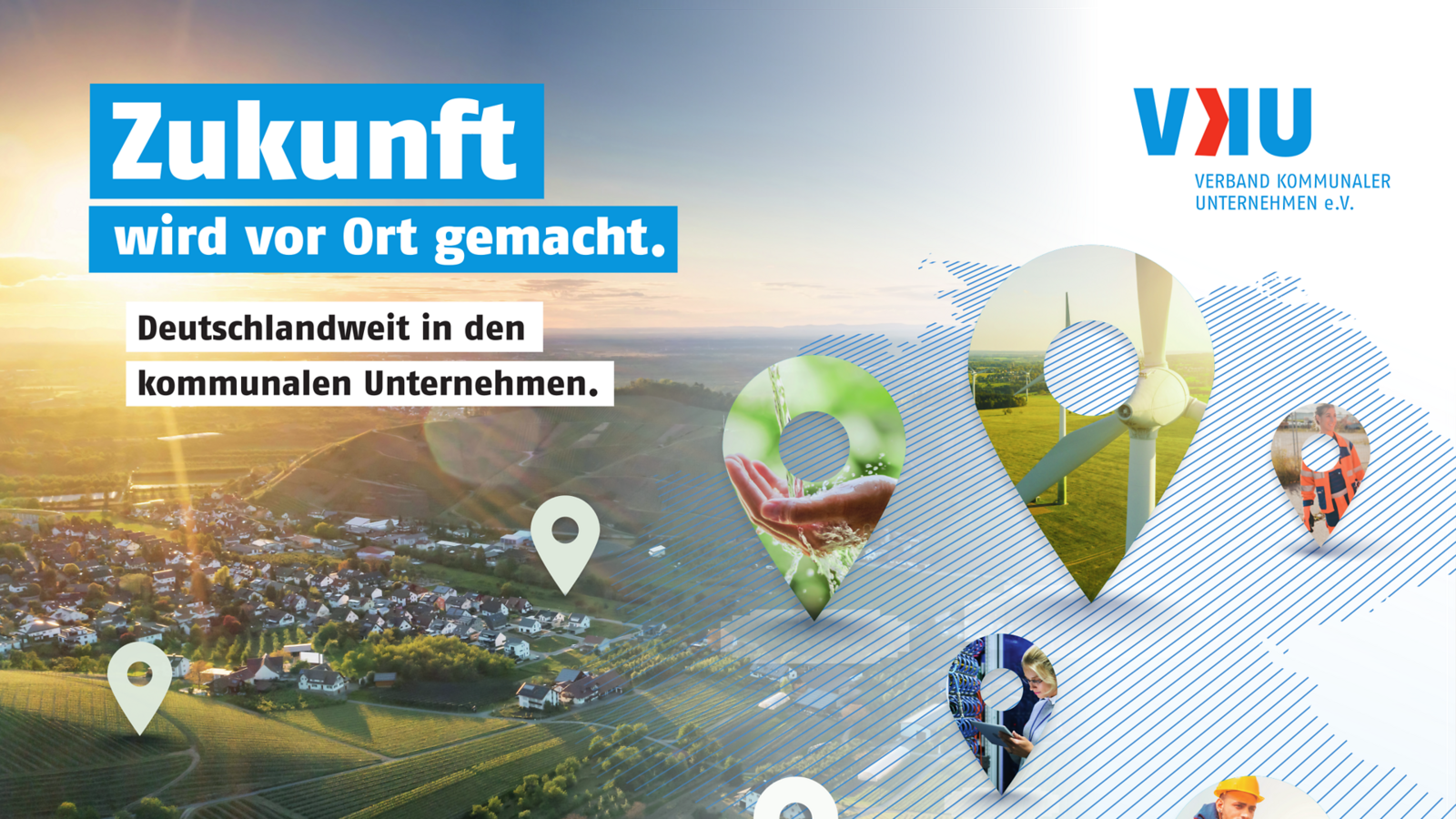 Ein Grafisches Layout mit dem Text "Zukunft wird vor Ort gemacht" in blau. Im Hintergrund sind ländliche Szenen und Symbole, die kommunale Unternehmen darstellen, mit bunten Standortmarkierungen.