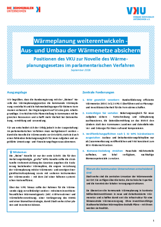 Deckblatt der Publikation VKU-Positionspapier zur Novelle des Wärmeplanungsgesetzes vom 27.05.2026