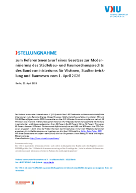 Deckblatt der Publikation VKU-Stellungnahme zum Referentenentwurf eines Gesetzes zur Modernisierung des Städtebau- und Raumordnungsrechts des Bundesministeriums für Wohnen, Stadtentwicklung und Bauwesen vom 1. April 2026