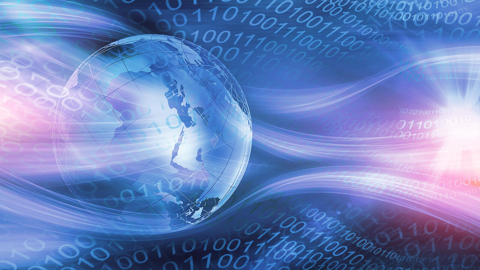 Digitale Illustration einer Weltkugel umgeben von Binärcode und Lichtwellen in Blau und Pink.