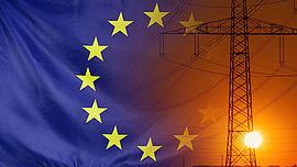 Energy Concept Europe Flag with sunset power pole