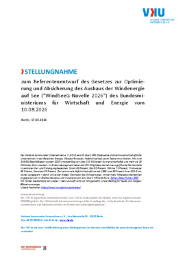 Deckblatt der Publikation VKU-Stellungnahme zum Referentenentwurf des Gesetzes zur Optimierung und Absicherung des Ausbaus der Windenergie auf See ("WindSeeG-Novelle 2026") des Bundesministeriums für Wirtschaft und Energie vom 10.08.2026