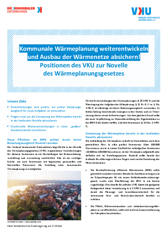 Deckblatt der Publikation Kommunale Wärmeplanung weiterentwickeln und Ausbau der Wärmenetze absichern! Positionen des VKU zur Novelle des Wärmeplanungsgesetzes