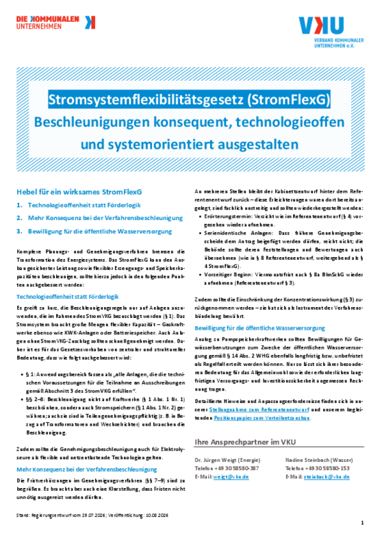 Deckblatt der Publikation VKU-Positionspapier zum Stromsystemflexibilitätsgesetz (StromFlexG)