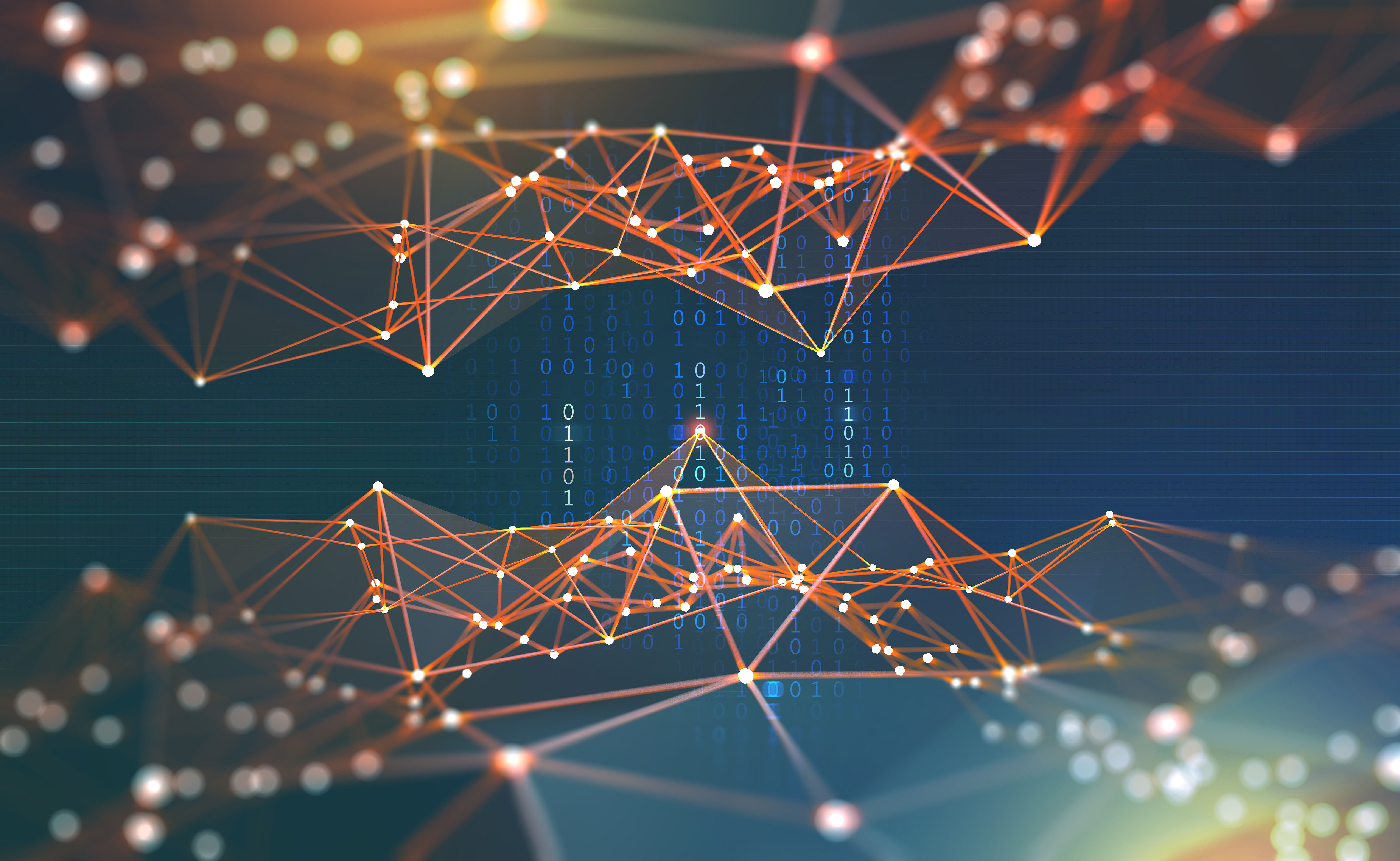 Global network. Blockchain 3D illustration. Neural networks and artificial intelligence. Concept of cyberspace. Abstract technological background with binary code elements