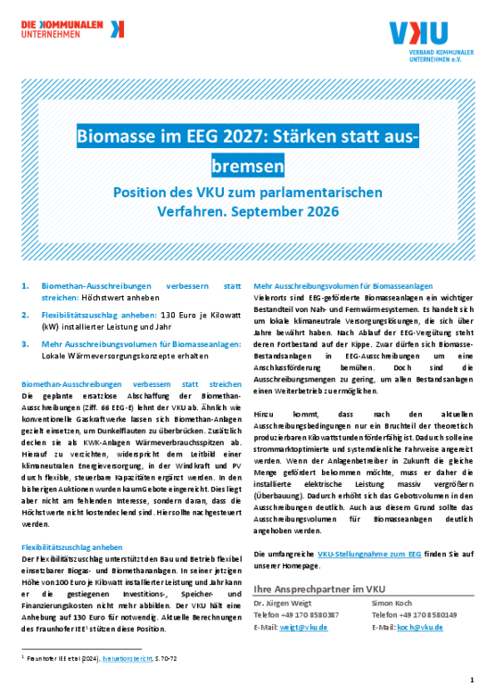 Deckblatt der Publikation VKU-Positionspapier zu Biomasse im EEG 2027: Stärken statt aus bremsen