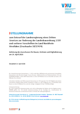 Deckblatt der Publikation Stellungnahme des VKU NRW zum Entwurf der Landesregierung eines Dritten Gesetzes zur Änderung der Landesbauordnung 2018 und weiterer Vorschriften im Land Nordrhein-Westfalen