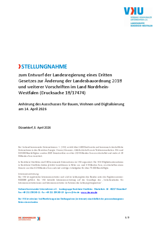 Deckblatt der Publikation Stellungnahme des VKU NRW zum Entwurf der Landesregierung eines Dritten Gesetzes zur Änderung der Landesbauordnung 2018 und weiterer Vorschriften im Land Nordrhein-Westfalen