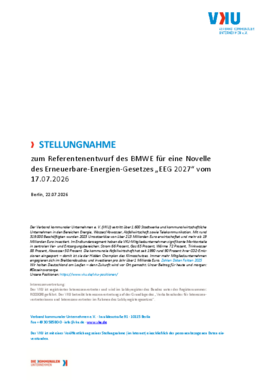 Deckblatt der Publikation VKU-Stellungnahme zum Referentenentwurf des BMWE für eine Novelle des Erneuerbare-Energien-Gesetzes „EEG 2027“ vom 17.07.2026