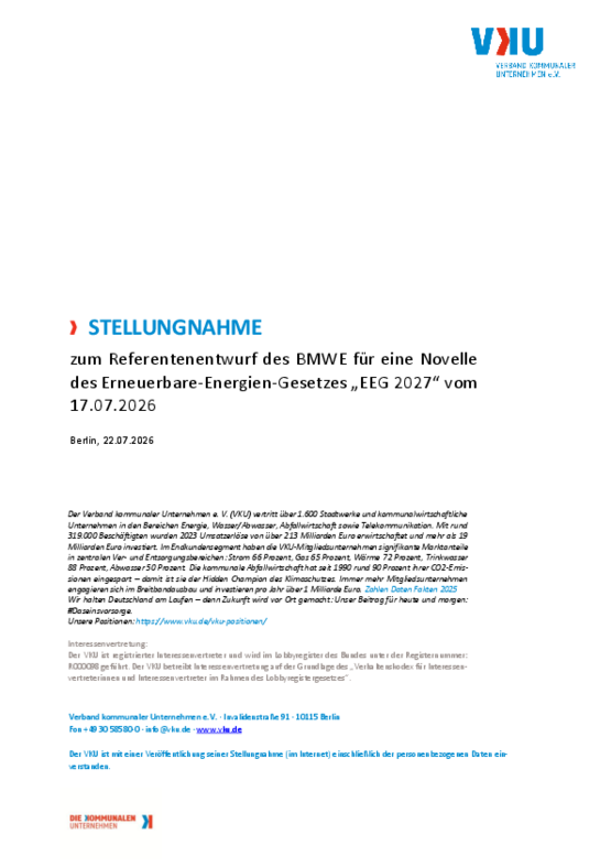 Deckblatt der Publikation VKU-Stellungnahme zum Referentenentwurf des BMWE für eine Novelle des Erneuerbare-Energien-Gesetzes „EEG 2027“ vom 17.07.2026