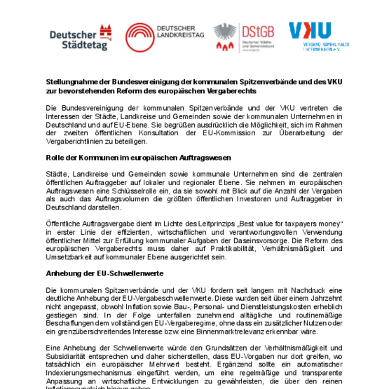 Deckblatt der Publikation Stellungnahme der Bundesvereinigung der kommunalen Spitzenverbände und des VKU zur bevorstehenden Reform des europäischen Vergaberechts