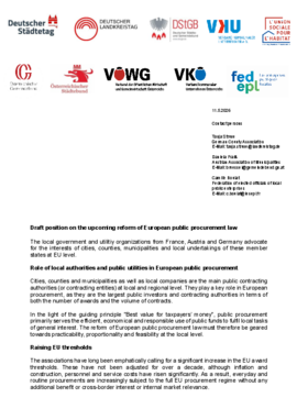 Deckblatt der Publikation Reform des EU-Vergaberechts - Gemeinsame Position der kommunalen und kommunalwirtschaftlichen Verbände Deutschlands, Frankreichs und Österreichs