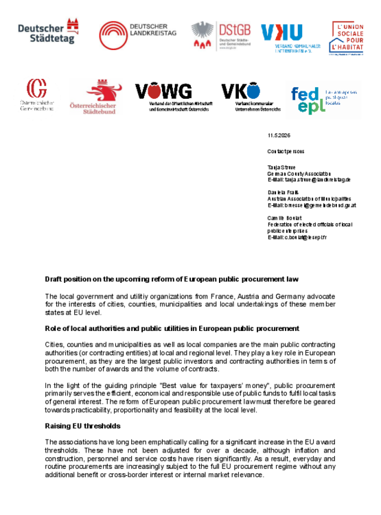 Deckblatt der Publikation Reform des EU-Vergaberechts - Gemeinsame Position der kommunalen und kommunalwirtschaftlichen Verbände Deutschlands, Frankreichs und Österreichs