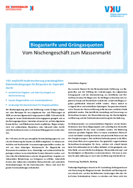 Deckblatt der Publikation VKU-Positionspapier zu praxistauglichen Rahmenbedingungen für Biogastarife