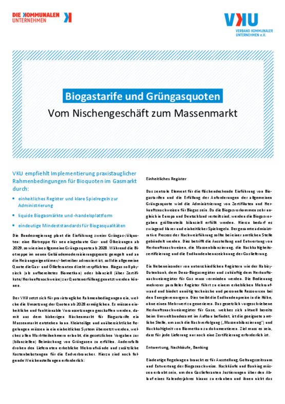 Deckblatt der Publikation VKU-Positionspapier zu praxistauglichen Rahmenbedingungen für Biogastarife