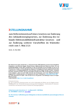 Deckblatt der Publikation VKU-Stellungnahme zum Referentenentwurf eines Gesetzes zur Änderung des Gebäudeenergiegesetzes, zur Änderung des Gebäude-Elektromobilitätsinfrastruktur-Gesetzes und zur Änderung weiterer Vorschriften im Wärmebereich vom 5. Mai 2026