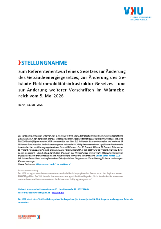 Deckblatt der Publikation VKU-Stellungnahme zum Referentenentwurf eines Gesetzes zur Änderung des Gebäudeenergiegesetzes, zur Änderung des Gebäude-Elektromobilitätsinfrastruktur-Gesetzes und zur Änderung weiterer Vorschriften im Wärmebereich vom 5. Mai 2026