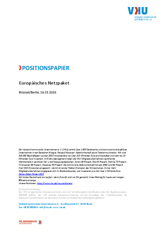 Deckblatt der Publikation VKU-Position zum Europäischen Netzpaket