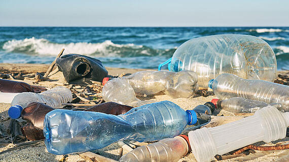 Plastikflaschen und anderer Plastikmüll liegt an einem Strand am Meer.