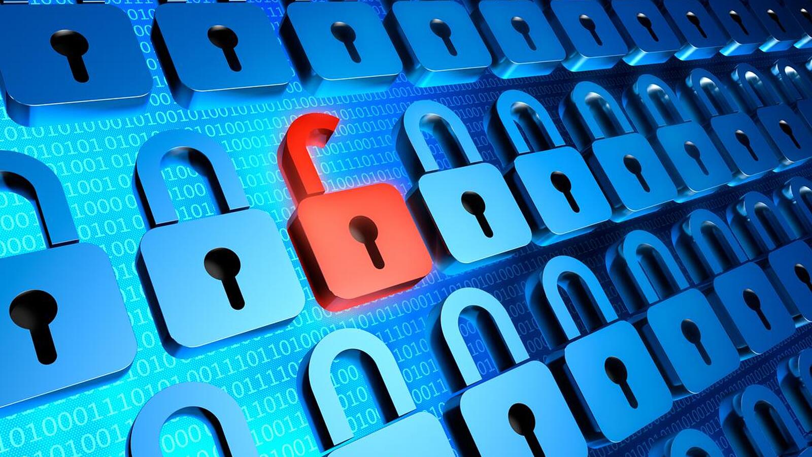 Reihe blauer Vorhängeschlösser vor Binärcode, ein Schloss in Rot ist geöffnet.