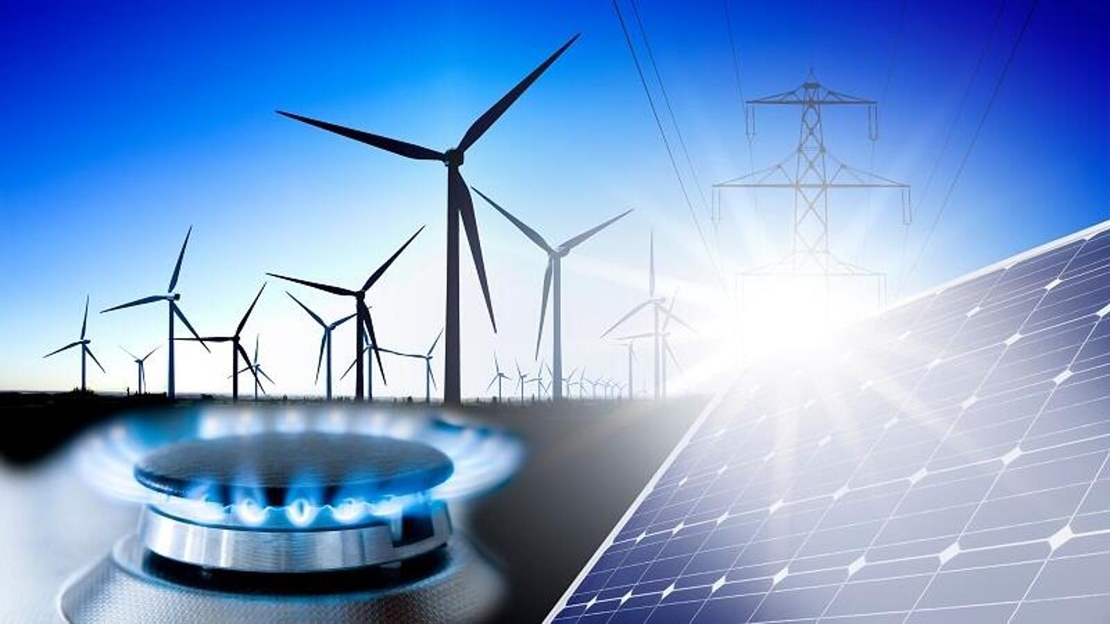 Fotocollage aus drei Bildern: oben Windräder, links unten ein entzündeter Gasherd und rechts unten eine Solaranlage