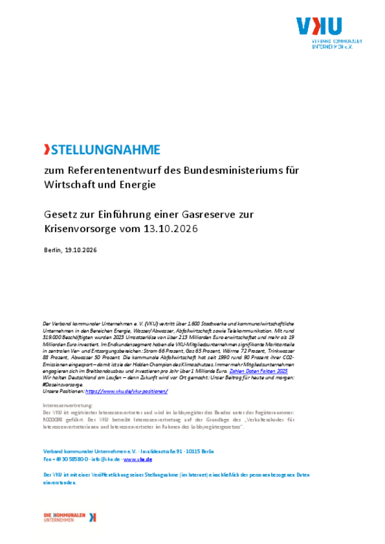 Deckblatt der Publikation VKU-Stellungnahme zum Referentenentwurf des Bundesministeriums für Wirtschaft und Energie zum Gesetz zur Einführung einer Gasreserve zur Krisenvorsorge vom 13.10.2026
