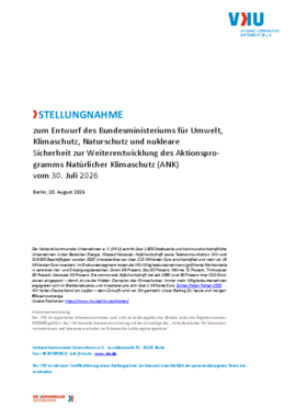 Deckblatt der Publikation VKU-Stellungnahme zur Weiterentwicklung Aktionsprogramm Natürlicher Klimaschutz (ANK)