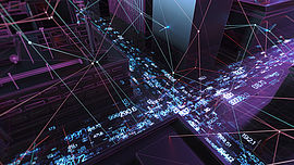 Abstract 3d city rendering with lines and digital elements. Digital skyscrappers with wire texture and random digits array. Perspective architecture background with wireframe skyscrapers.