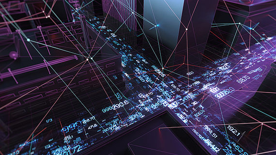 Abstract 3d city rendering with lines and digital elements. Digital skyscrappers with wire texture and random digits array. Perspective architecture background with wireframe skyscrapers.