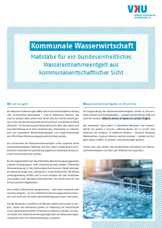 Deckblatt der Publikation Maßstäbe für ein bundeseinheitliches Wasserentnahmeentgelt aus kommunalwirtschaftlicher Sicht