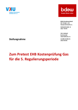 Deckblatt der Publikation Stellungnahme zum Pretest EHB Kostenprüfung Gas für die 5. Regulierungsperiode