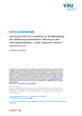 Deckblatt der Publikation VKU-Stellungnahme zum Entwurf der EU-Verordnung zur Beschleunigung der Einführung emissionsfreier Fahrzeuge in den Unternehmensflotten („Clean Corporate Vehicles“) vom 16.12.2025