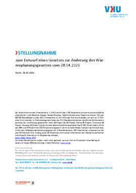Deckblatt der Publikation VKU-Stellungnahme zum Entwurf eines Gesetzes zur Änderung des Wärmeplanungsgesetzes vom 28.04.2026