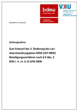 Deckblatt der Publikation Gemeinsame Stellungnahme von VKU NRW und BDEW NRW zum Entwurf der 3. Änderung des Landesentwicklungsplans NRW