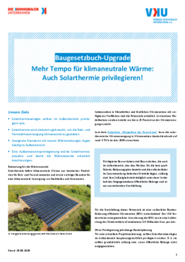 Deckblatt der Publikation Baugesetzbuch-Upgrade - Mehr Tempo für klimaneutrale Wärme: Auch Solarthermie privilegieren!