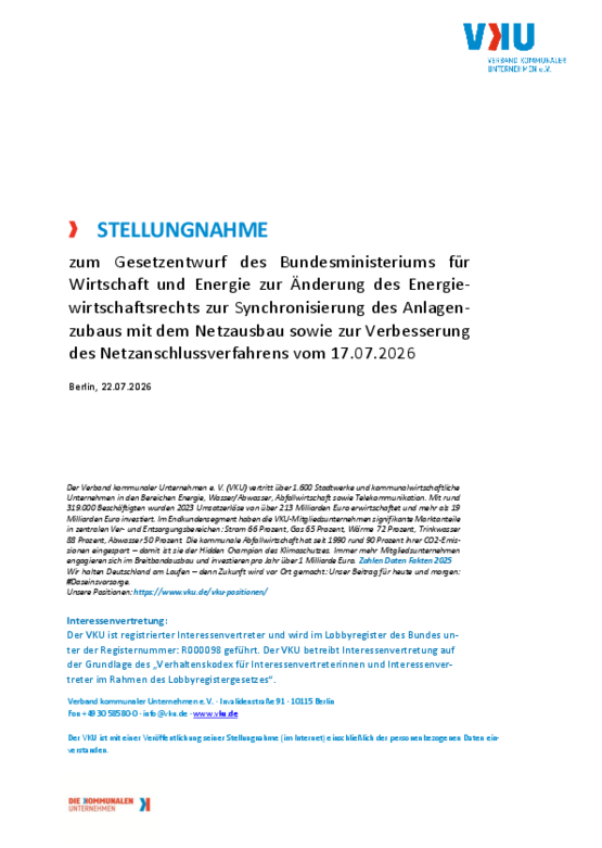 Deckblatt der Publikation Stellungnahme zum Netzanschlusspaket