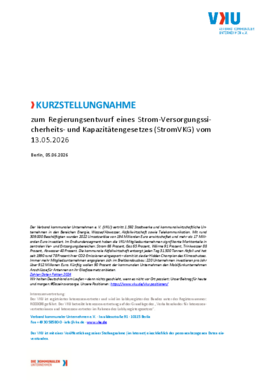 Deckblatt der Publikation VKU-Kurzstellungnahme zum Regierungsentwurf eines Strom-Versorgungssicherheits- und Kapazitätengesetzes (StromVKG) vom 13.05.2026