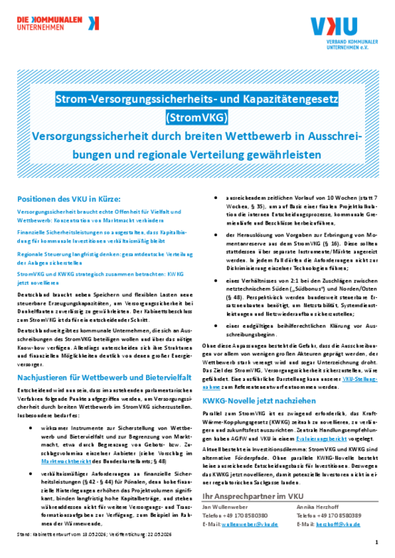 Deckblatt der Publikation Strom-Versorgungssicherheits- und Kapazitätengesetz (StromVKG) - Versorgungssicherheit durch breiten Wettbewerb in Ausschreibungen und regionale Verteilung gewährleisten