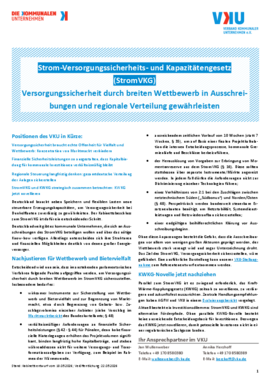 Deckblatt der Publikation Strom-Versorgungssicherheits- und Kapazitätengesetz (StromVKG) - Versorgungssicherheit durch breiten Wettbewerb in Ausschreibungen und regionale Verteilung gewährleisten