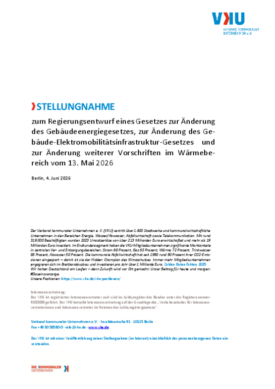 Deckblatt der Publikation VKU-Stellungnahme zum Regierungsentwurf eines Gesetzes zur Änderung des Gebäudeenergiegesetzes, zur Änderung des Gebäude-Elektromobilitätsinfrastruktur-Gesetzes und zur Änderung weiterer Vorschriften im Wärmebereich vom 13. Mai 2026