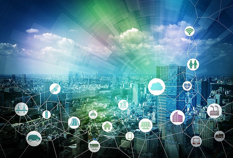 smart city and internet of things, various communication devices, architecture, transportation, industry, infrastructure,medical, home electronics, smart grid, abstract image visual