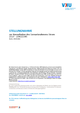 Deckblatt der Publikation VKU Stellungnahme zur Konsultation des Szenariorahmens Strom 2027 - 2040/2045